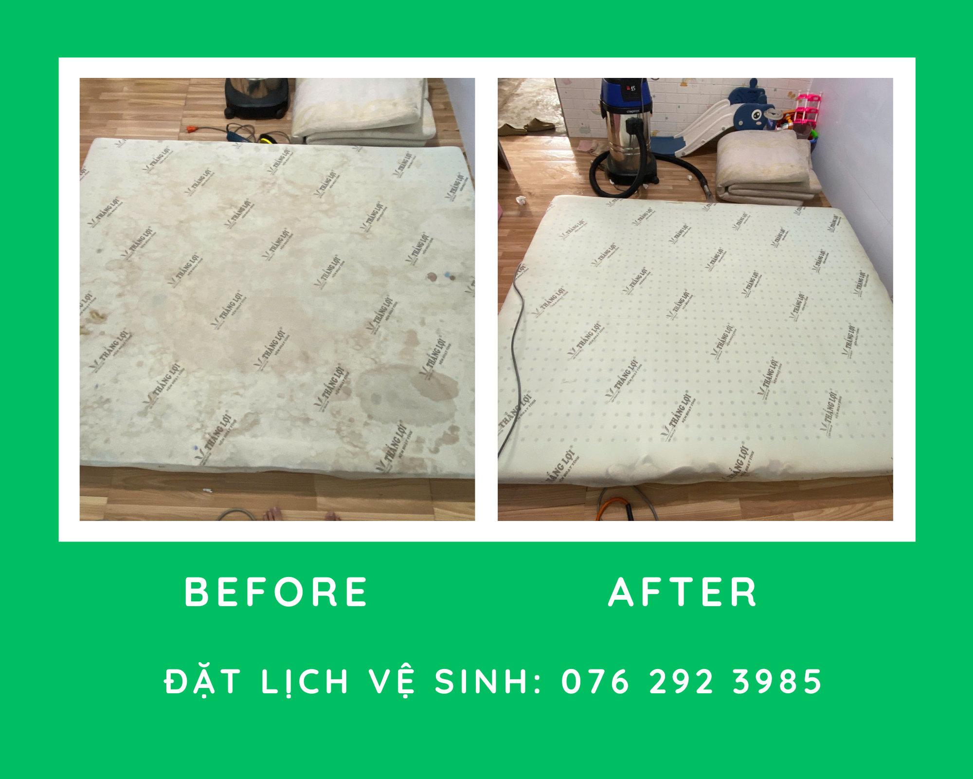 Hình ảnh trước - sau khi sử dụng dịch vụ giặt nệm quận 2